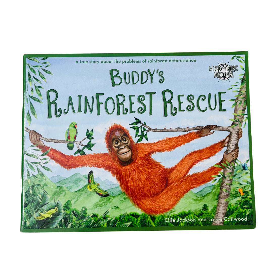 Book cover of 'Buddy's Rainforest Rescue' with an orangutan illustration on a green background