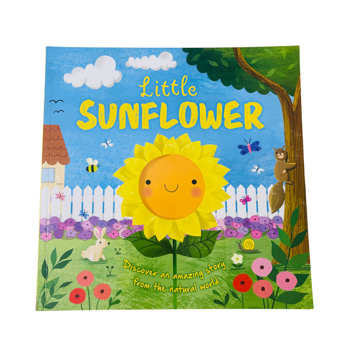 Book cover of 'Little Sunflower' with a sunflower character and garden scene.