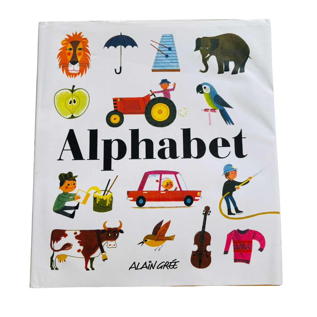Children's book cover with alphabet illustrations on a white background