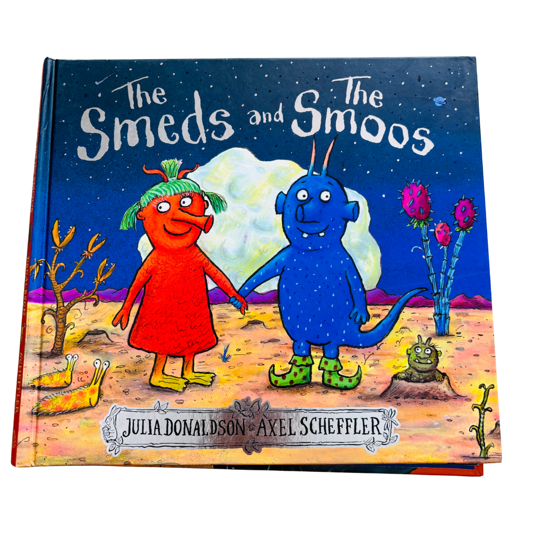 Book cover of 'The Smeds and The Smoos' with colorful characters and a desert landscape.