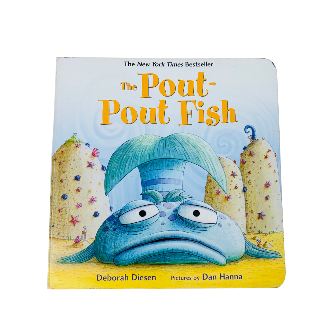Book cover of 'The Pout-Pout Fish' with a blue fish character and colorful background.