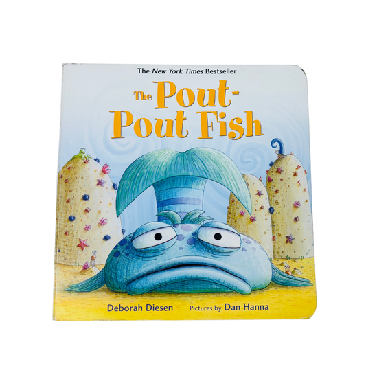Book cover of 'The Pout-Pout Fish' with a blue fish character and colorful background.
