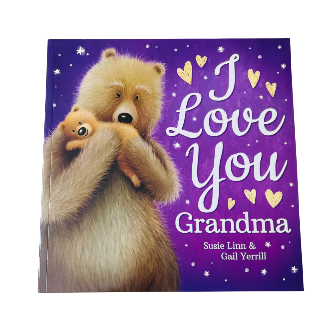 Children's book titled 'I Love You Grandma' with two bears on a purple background