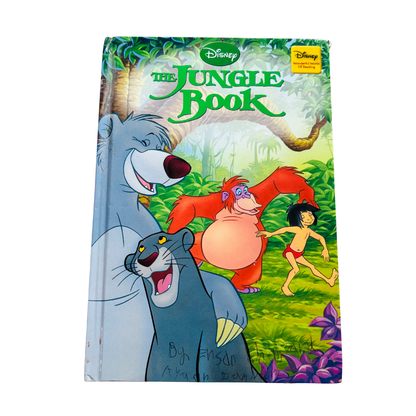 Book cover of 'The Jungle Book' with characters and Disney logo.