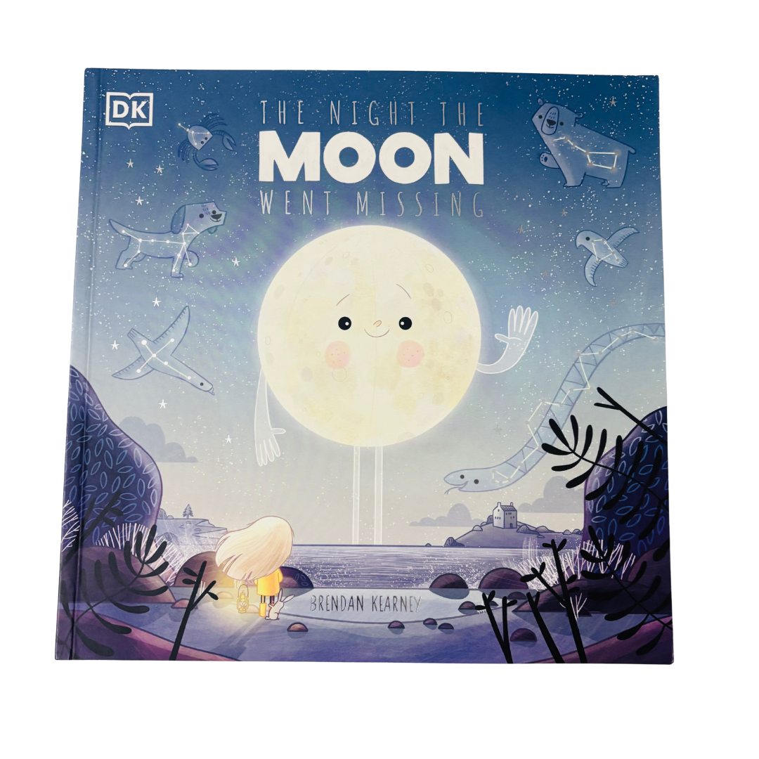Book cover of 'The Night the Moon Went Missing' with a cartoon moon andDK logo.