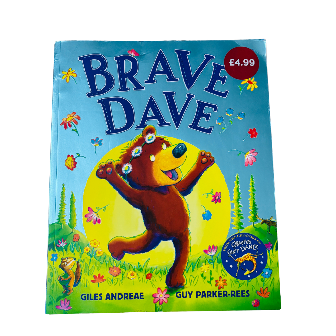 Book cover of 'Brave Dave' with a bear illustration on a blue background