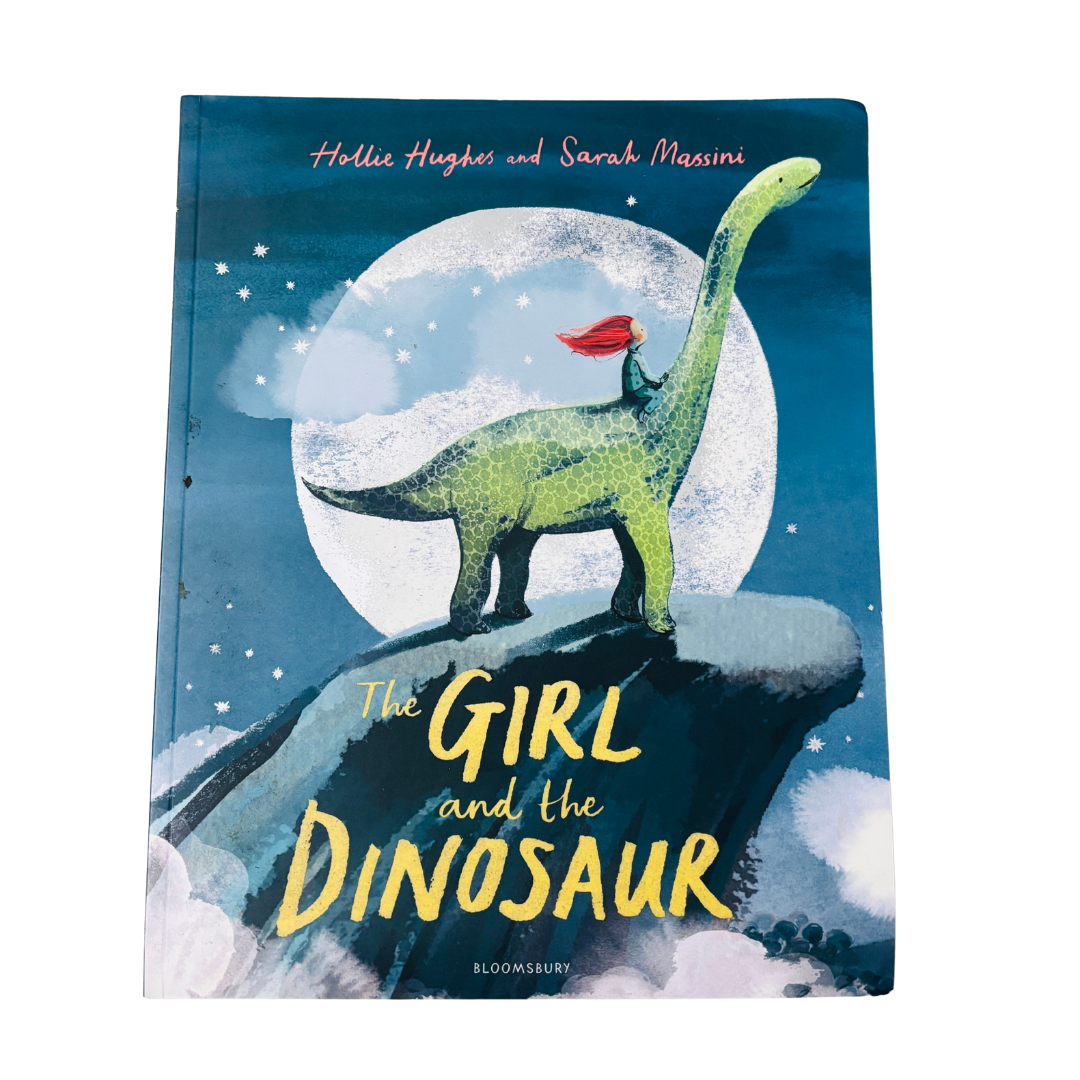 Book cover of 'The Girl and the Dinosaur' with a dinosaur and girl illustration against a moonlit sky.