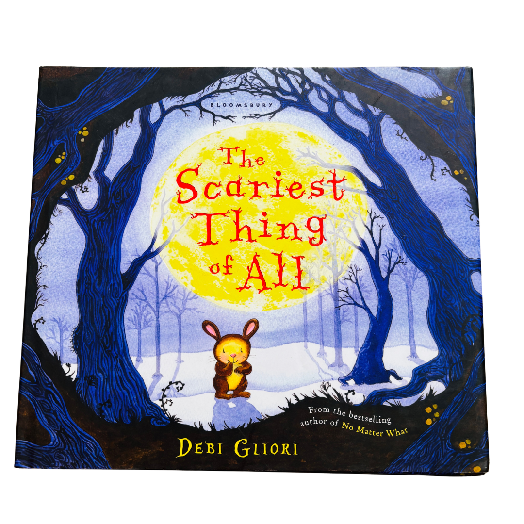 Book cover of 'The Scariest Thing of All' with a bear illustration and dark forest background.