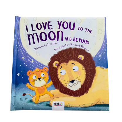 Children's book titled 'I Love You to the Moon and Beyond' with a lion and tiger illustration on the cover.