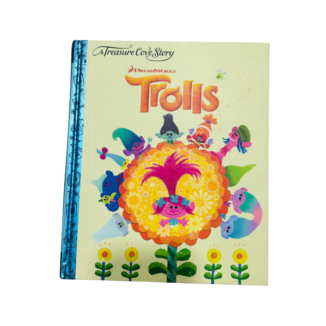 Children's book titled 'Trolls' with colorful illustrations on a white background