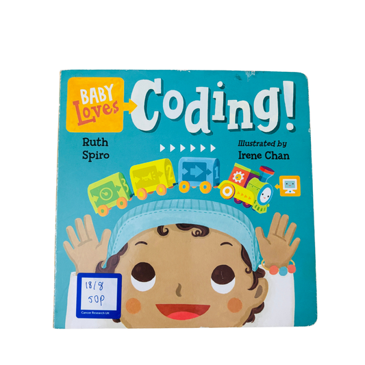 Book cover of 'Baby Loves Coding!' with a child and coding-themed illustrations on a blue background.
