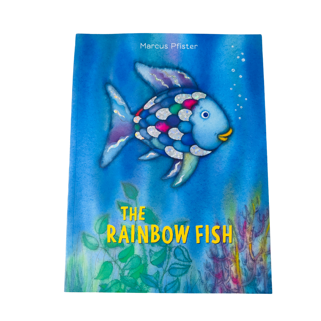 Book cover of 'The Rainbow Fish' with a colorful fish illustration on a blue background.