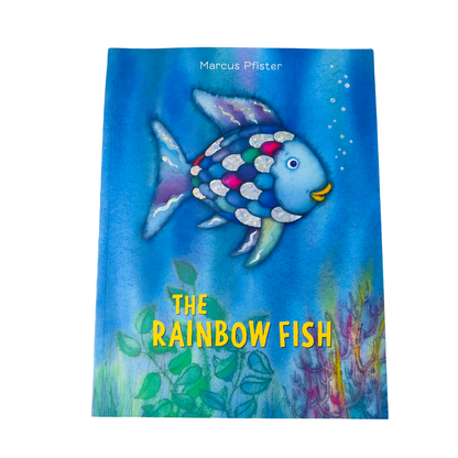Book cover of 'The Rainbow Fish' with a colorful fish illustration on a blue background.