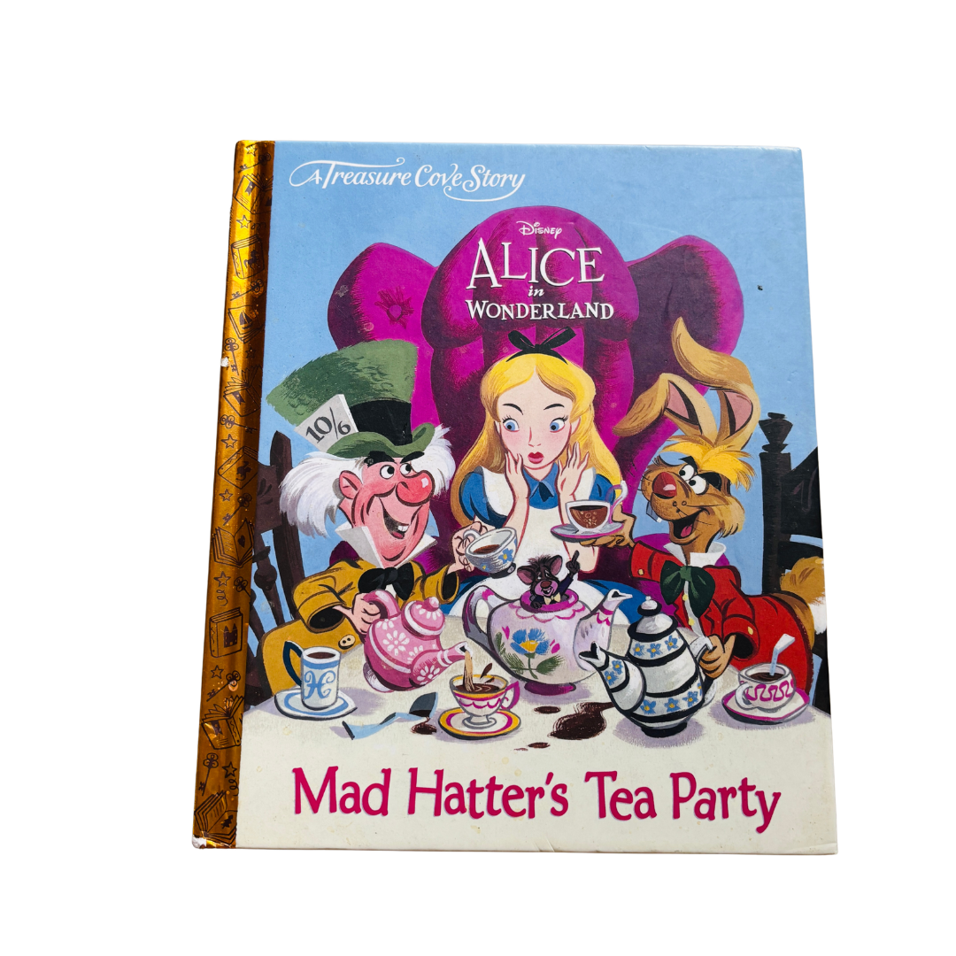 Book cover of 'Alice in Wonderland: Mad Hatter's Tea Party' with cartoon characters on a white background