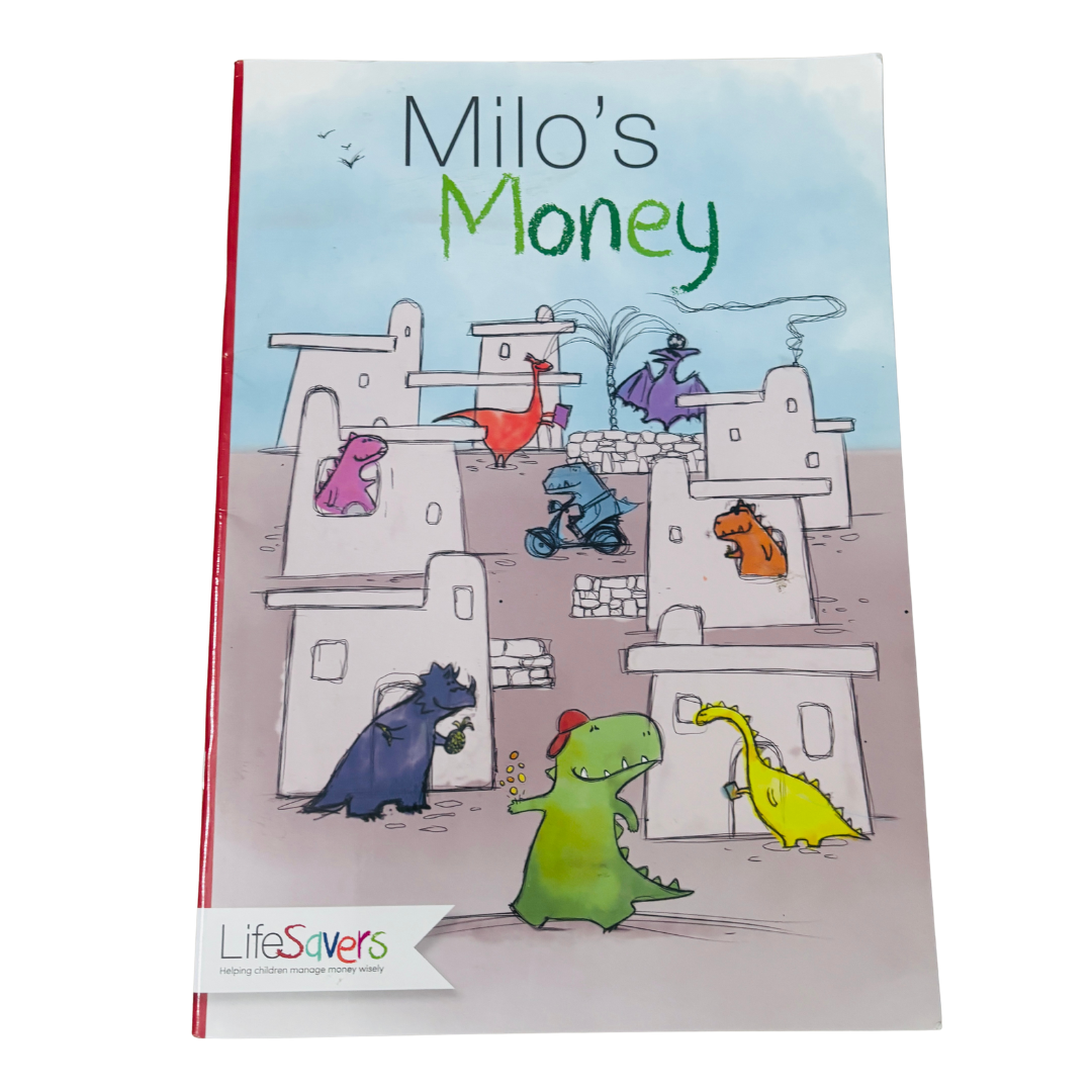 Book cover of 'Milo's Money' with cartoon dinosaurs and colorful illustration.