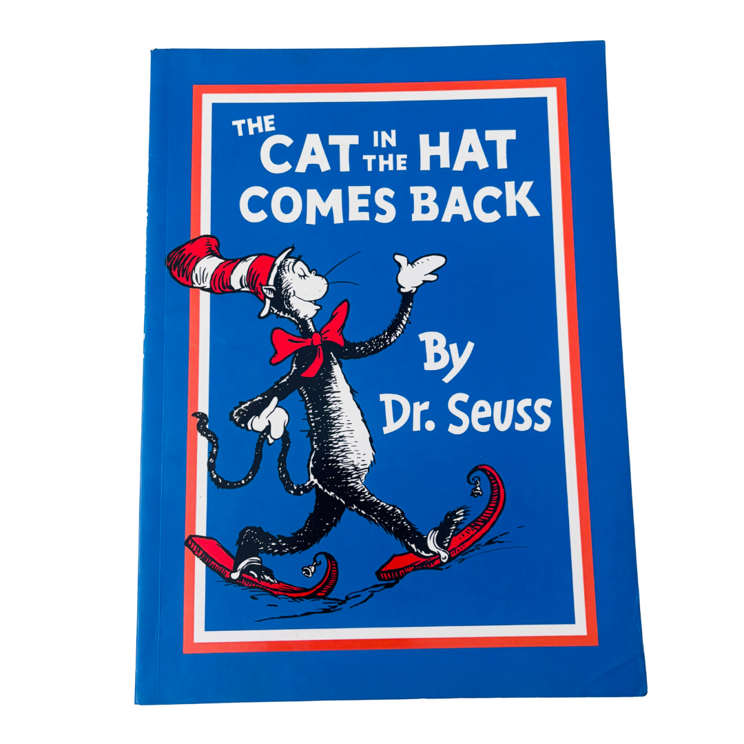 Book cover of 'The Cat in the Hat Comes Back' by Dr. Seuss with a blue background and red border.