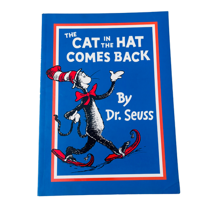 Book cover of 'The Cat in the Hat Comes Back' by Dr. Seuss with a blue background and red border.