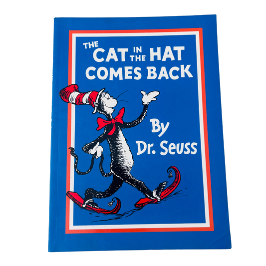 Book cover of 'The Cat in the Hat Comes Back' by Dr. Seuss with a blue background and red border.