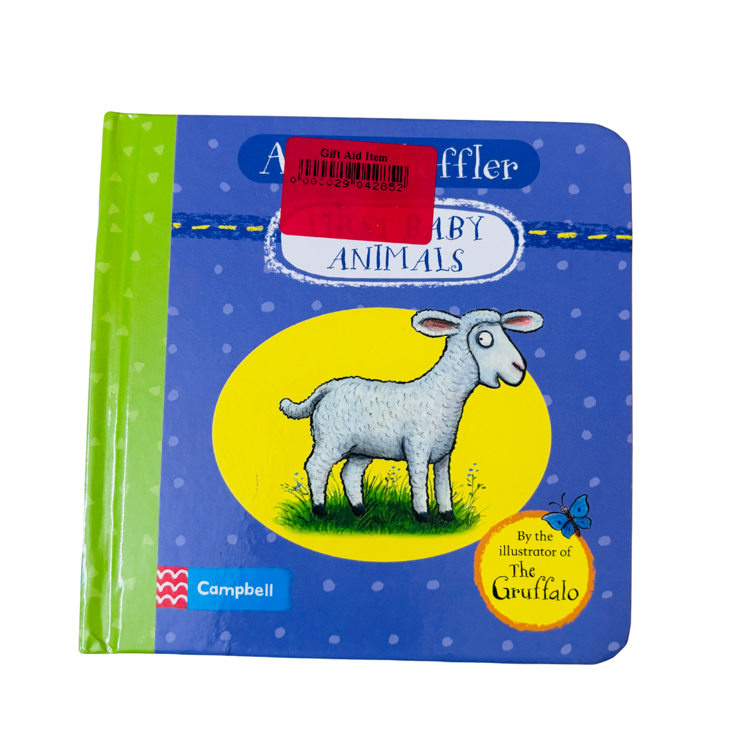Children's book titled 'Baby Animals' with a sheep illustration on a blue cover.