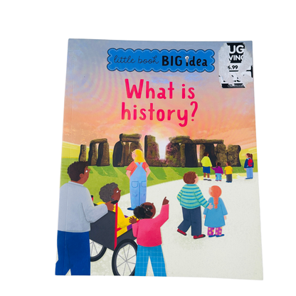 Children's book titled 'What is history?' with illustrations of children at Stonehenge.