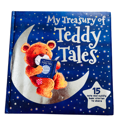 Book titled 'My Treasury of Teddy Tales' with a teddy bear on a blue cover