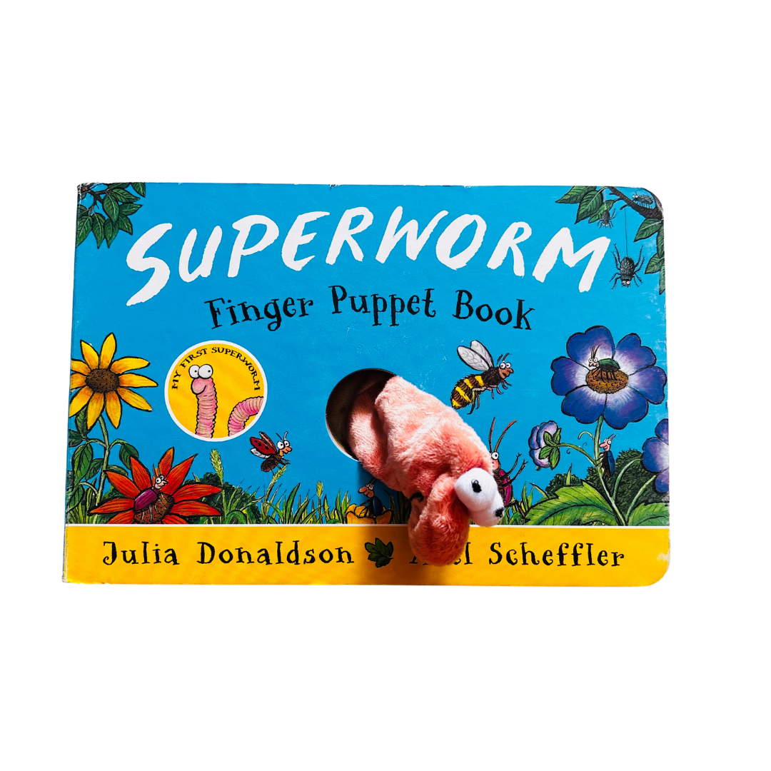 Superworm finger puppet book with colorful cover and puppet on a white background