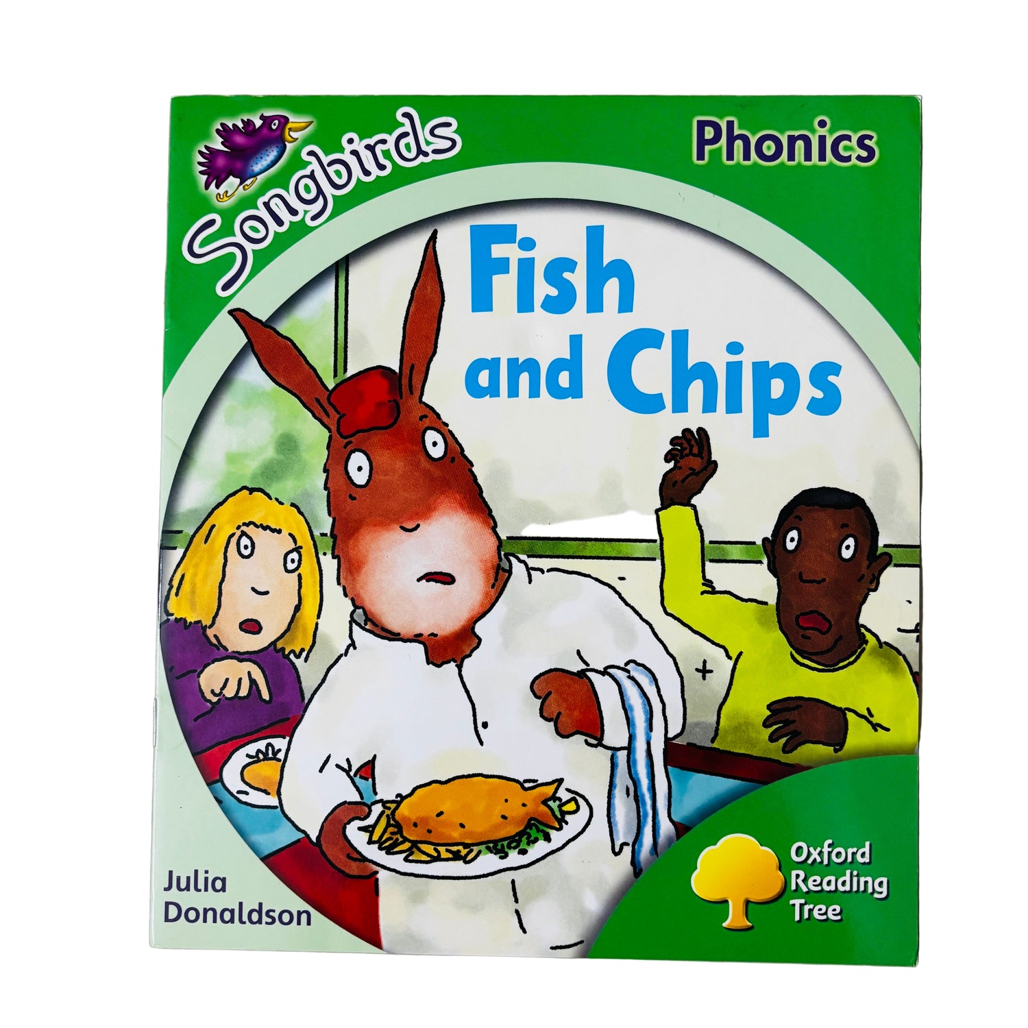 Book cover of 'Fish and Chips' from the Oxford Reading Tree series on a beige background