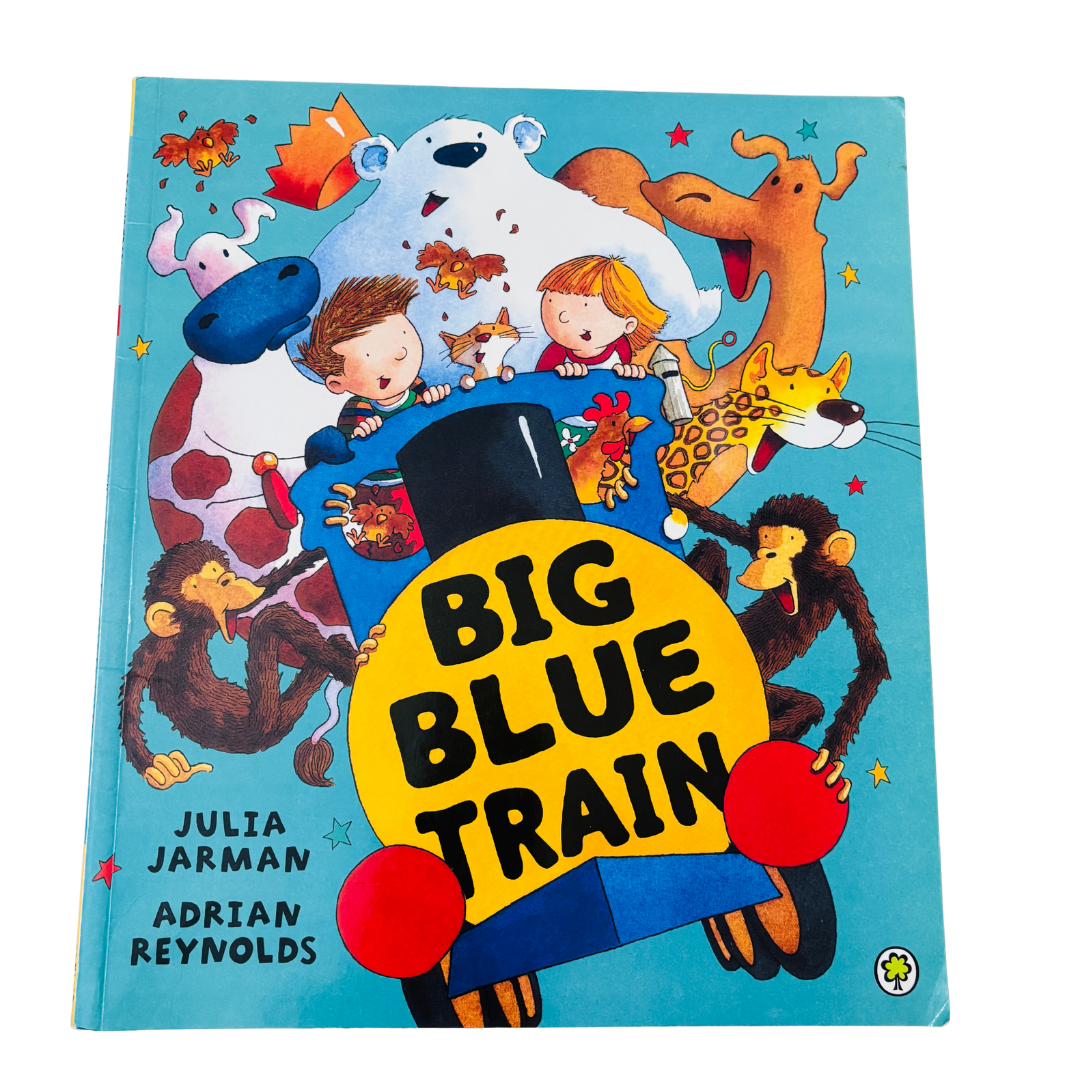 Book cover of 'Big Blue Train' with colorful illustrations on a blue background