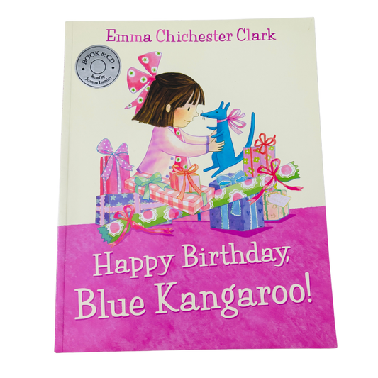 Book cover of 'Happy Birthday, Blue Kangaroo!' by Emma Chichester Clark with a girl and kangaroo illustration.