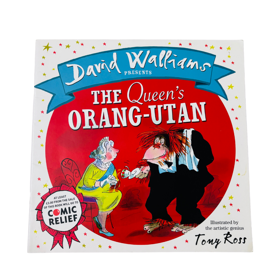 Book cover of 'The Queen's Orang-Utan' by David Walliams with cartoon characters on a red background.