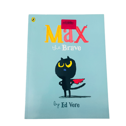 Book cover of 'Max the Brave' with a black cat illustration on a light blue background