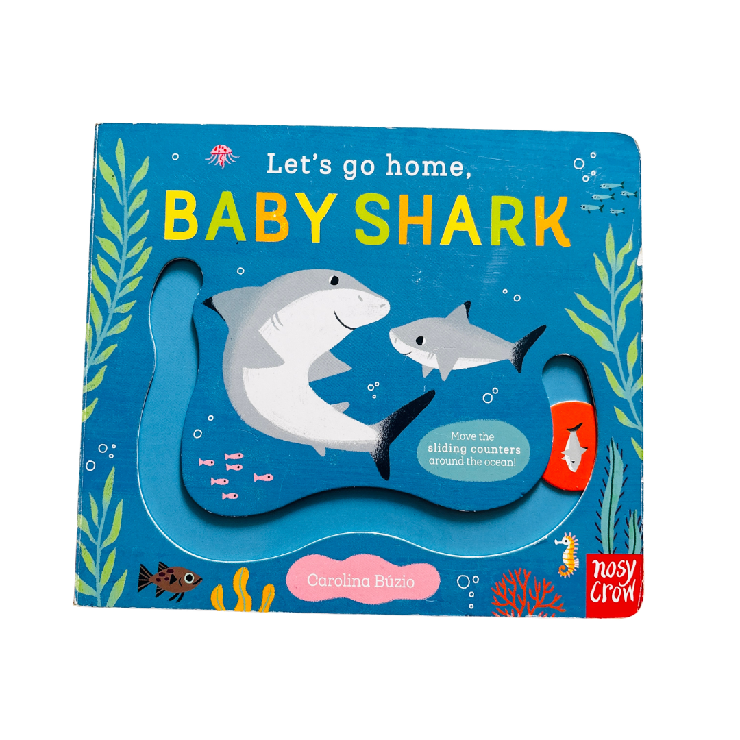 Children's book titled 'Let's go home, Baby Shark' with shark illustrations on a blue background.