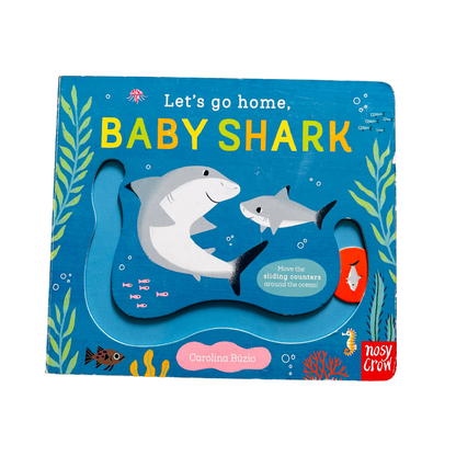 Children's book titled 'Let's go home, Baby Shark' with shark illustrations on a blue background.