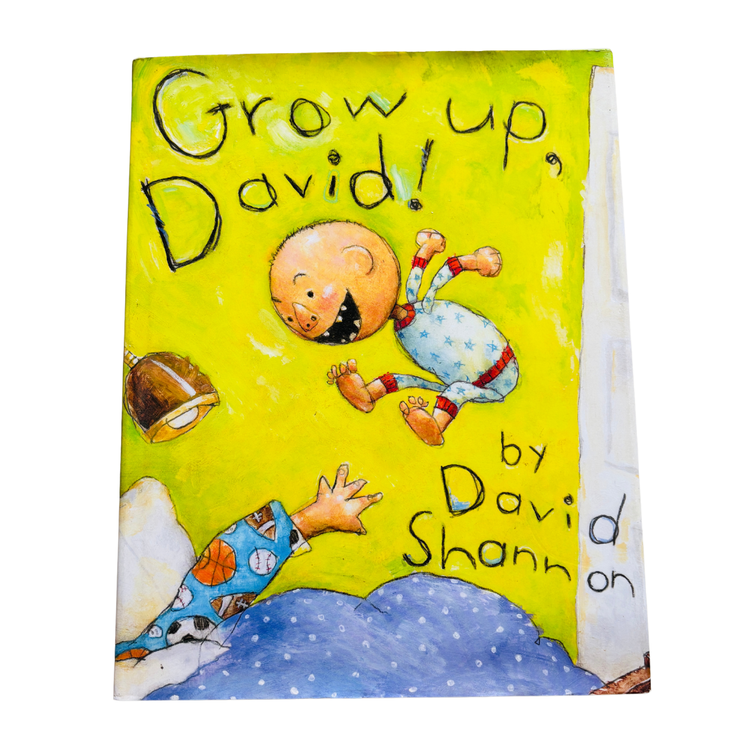 Book cover of 'Grow Up, David!' by David Shannon with cartoon characters on a yellow background.