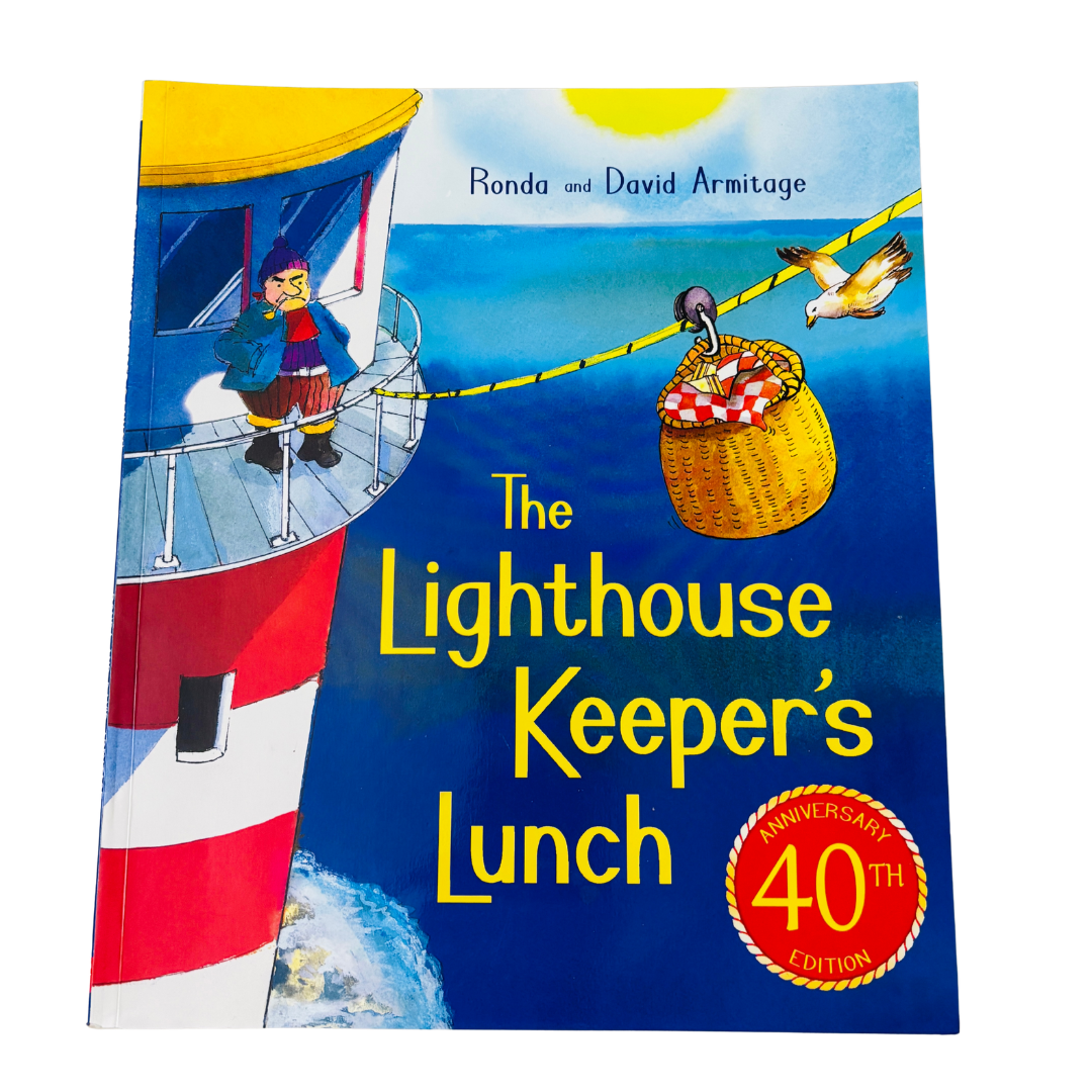 Book cover of 'The Lighthouse Keeper's Lunch' with a lighthouse and character illustration on a blue background.