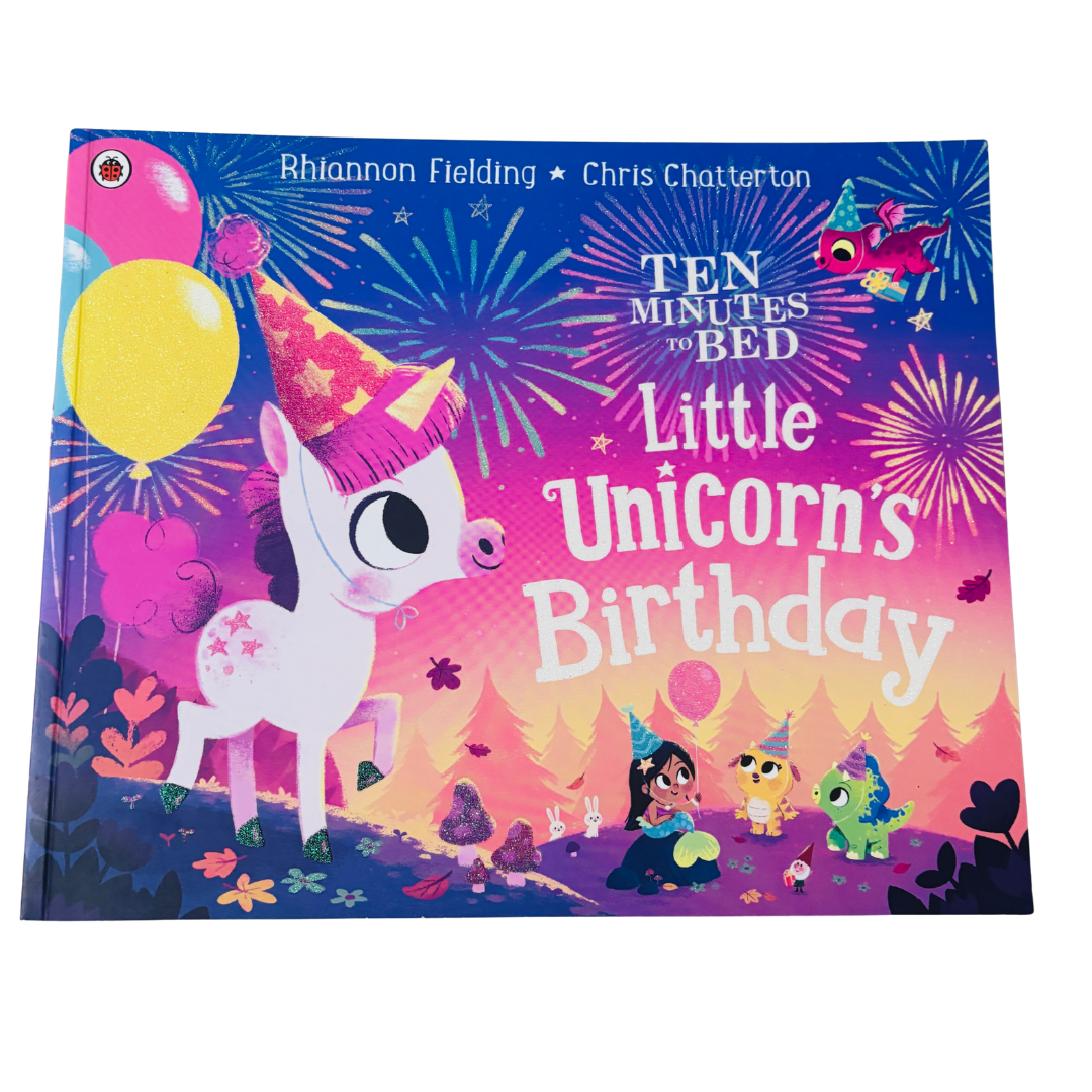 Children's book titled 'Ten Minutes to Bed: Little Unicorn's Birthday' with a colorful unicorn design on the cover.