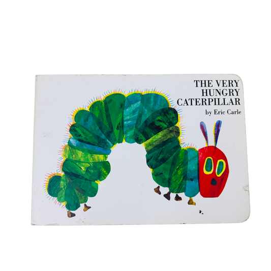 Book cover of 'The Very Hungry Caterpillar' with a colorful caterpillar illustration on a white background.