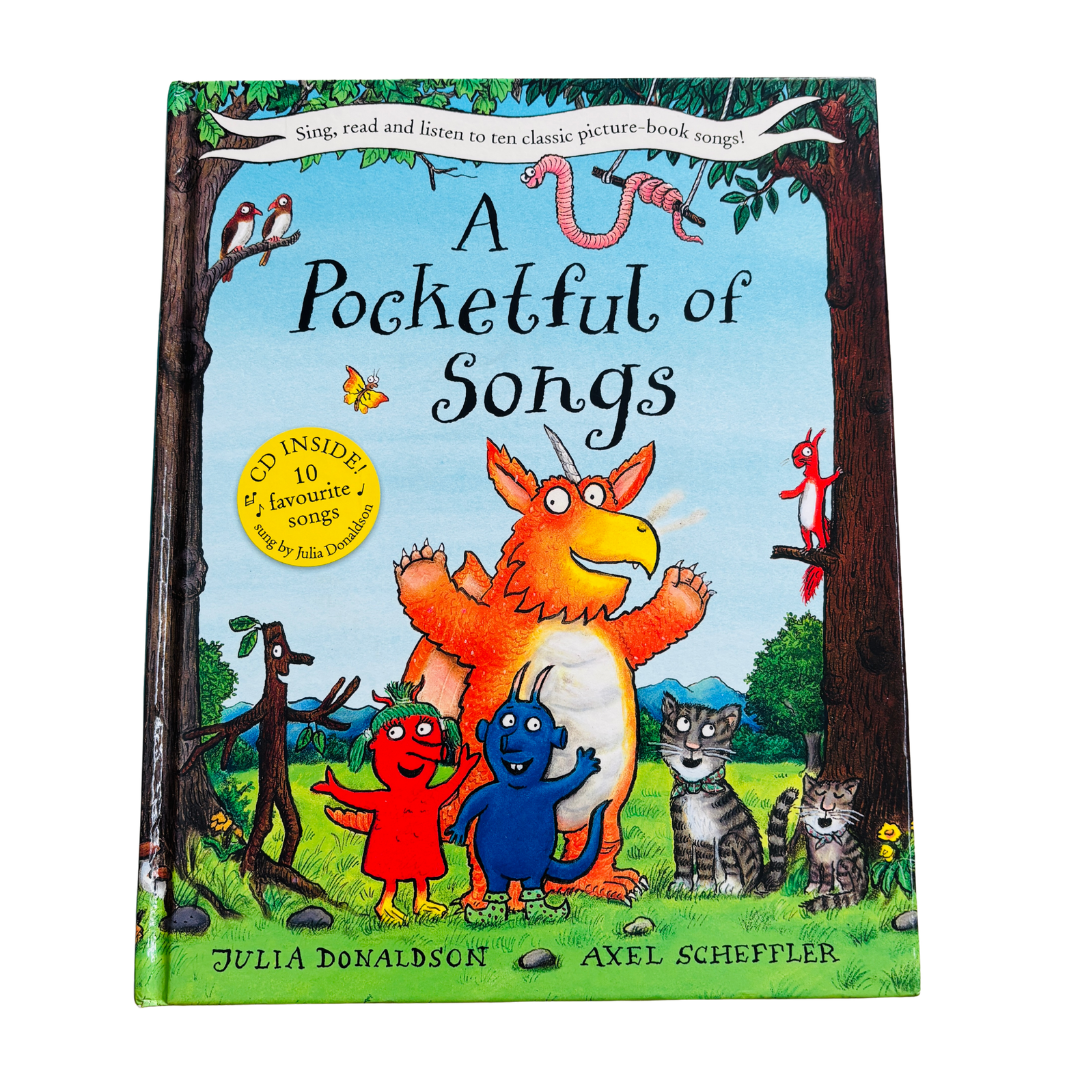 Children's book titled 'A Pocketful of Songs' with colorful illustrations on a white background