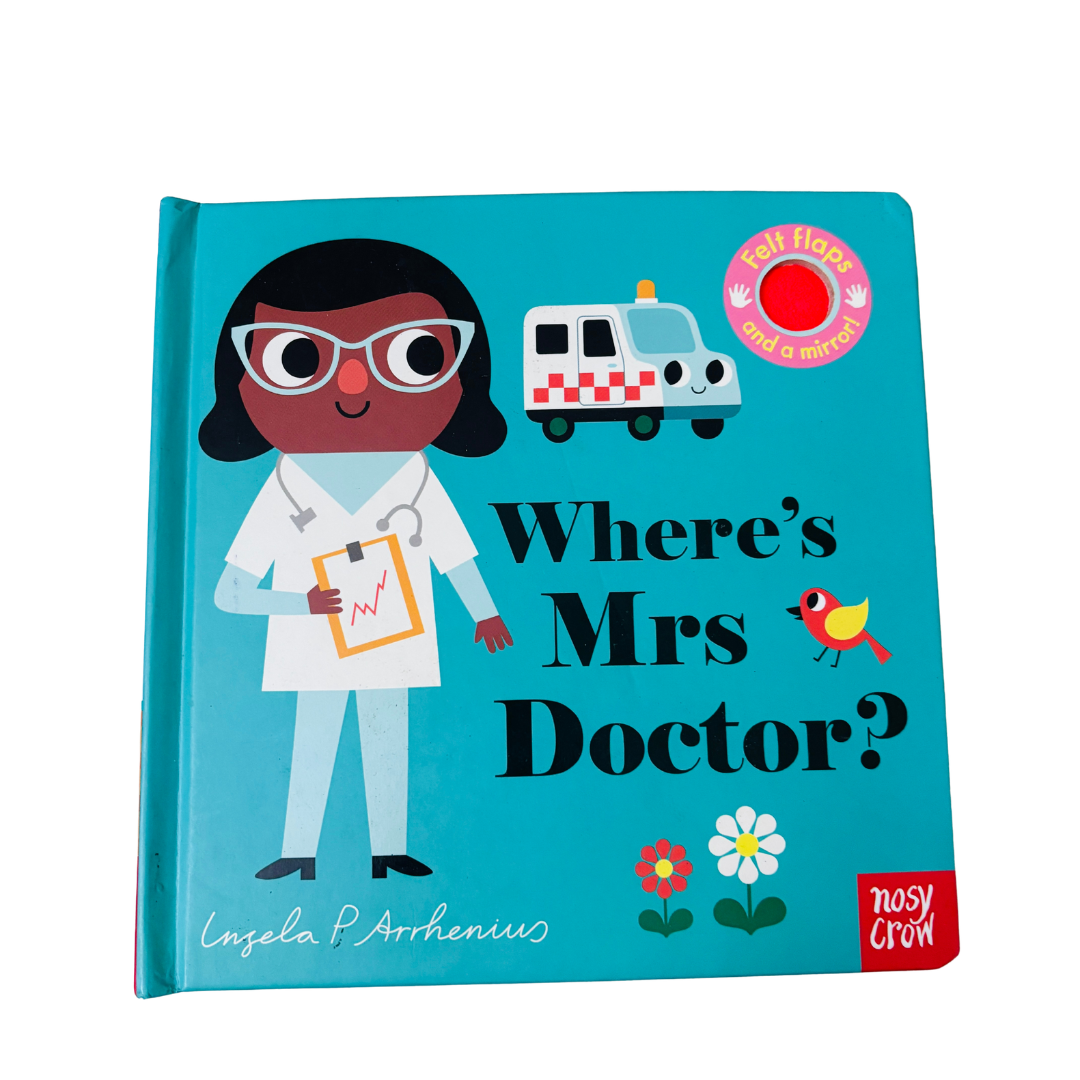 Children's book titled 'Where's Mrs Doctor?' with a cartoon doctor character on a blue background.