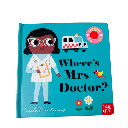 Children's book titled 'Where's Mrs Doctor?' with a cartoon doctor character on a blue background.