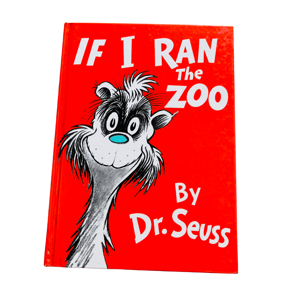 Book cover of 'If I Ran the Zoo' by Dr. Seuss with a red background and cartoon character.