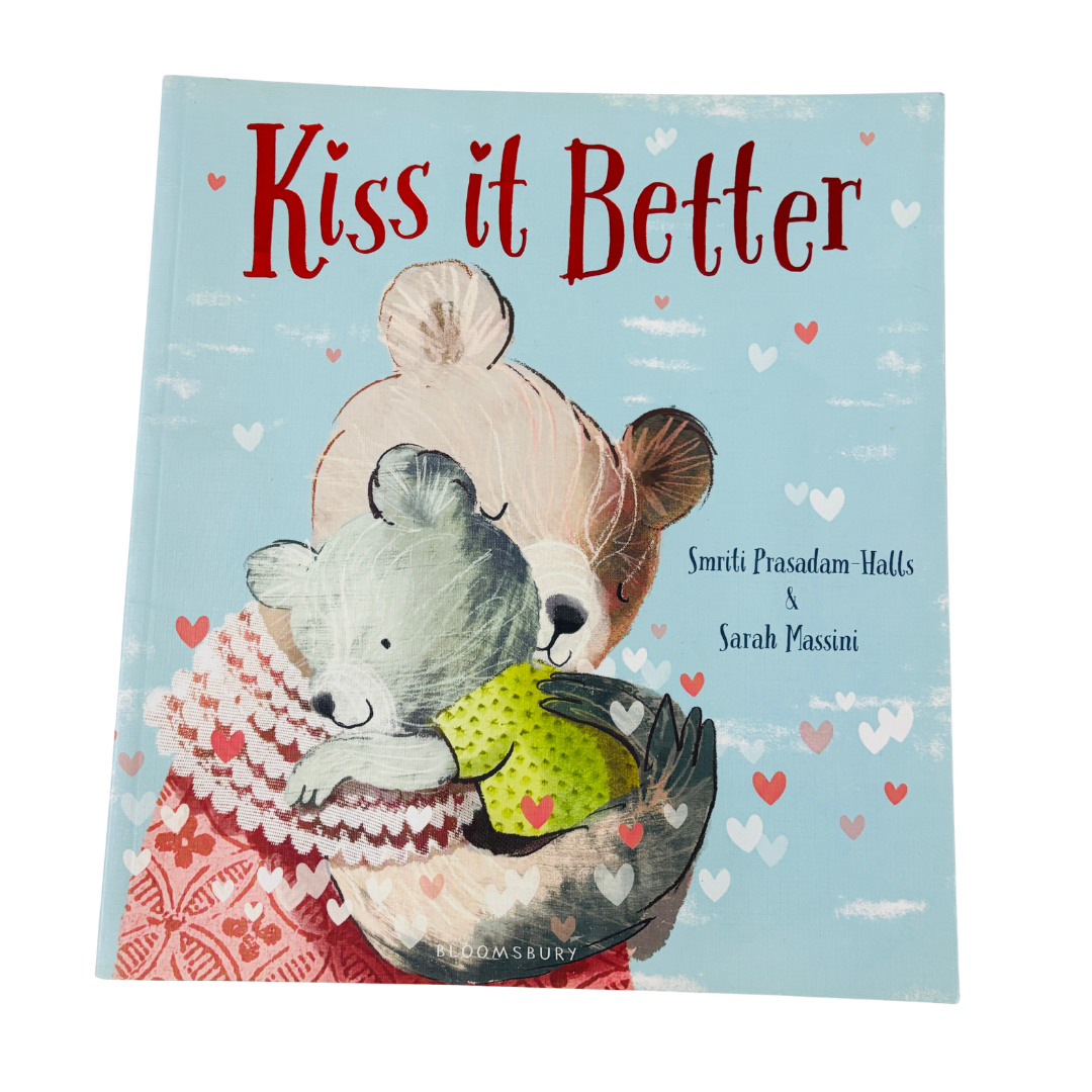 Book cover of 'Kiss it Better' with two bears hugging on a light blue background with hearts.