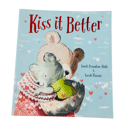 Book cover of 'Kiss it Better' with two bears hugging on a light blue background with hearts.