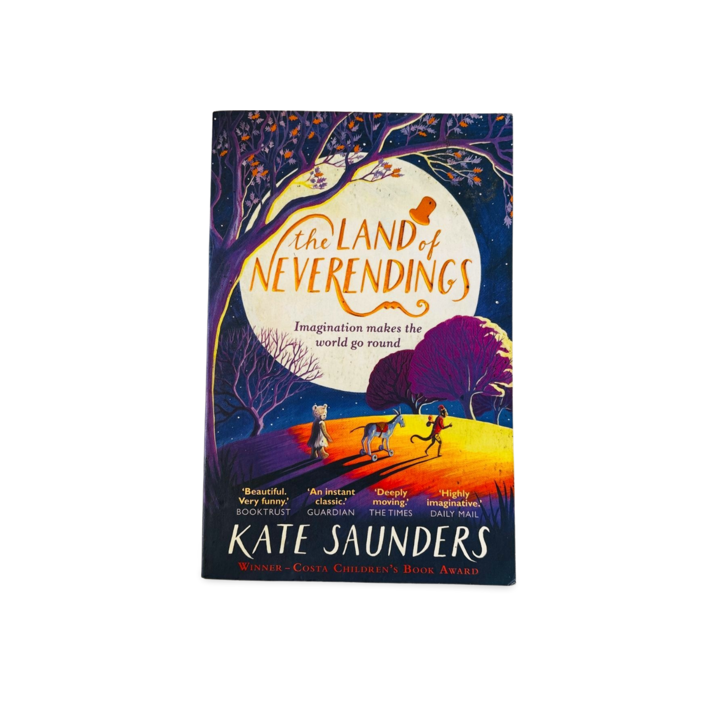 Book cover of 'The Land of Neverendings' by Kate Saunders with a colorful illustration on a white background.