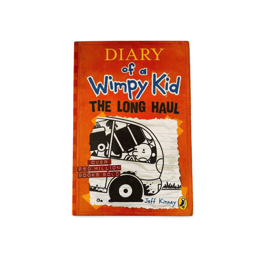 Book cover of 'Diary of a Wimpy Kid: The Long Haul' by Jeff Kinney on an orange background