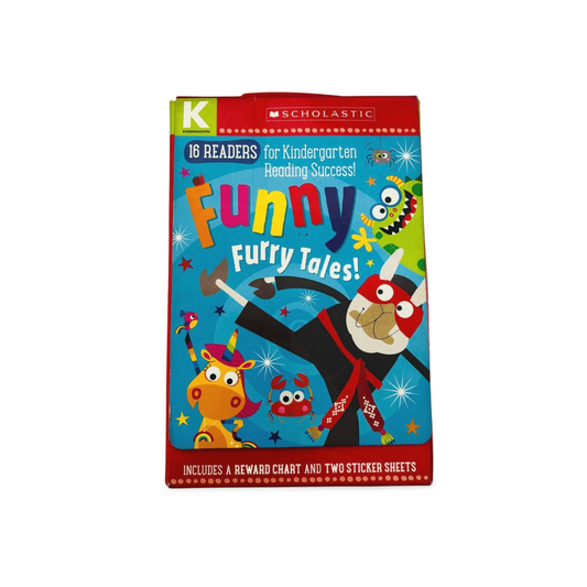 Children's book set titled 'Funny Furry Tales' with colorful cover featuring cartoon animals on a white background.