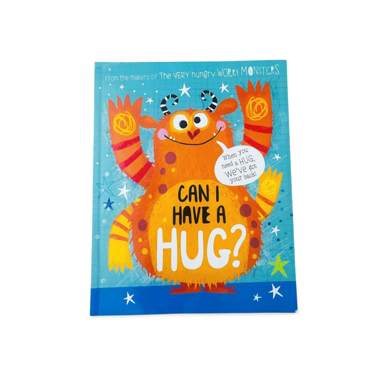 Children's book cover with a colorful monster character asking 'Can I Have a Hug?' on a blue background.