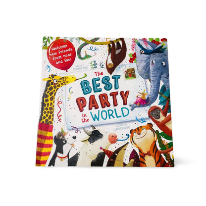 Children's book titled 'The Best Party in the World' with colorful illustrations on a white background