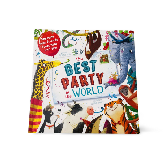 Children's book titled 'The Best Party in the World' with colorful illustrations on a white background