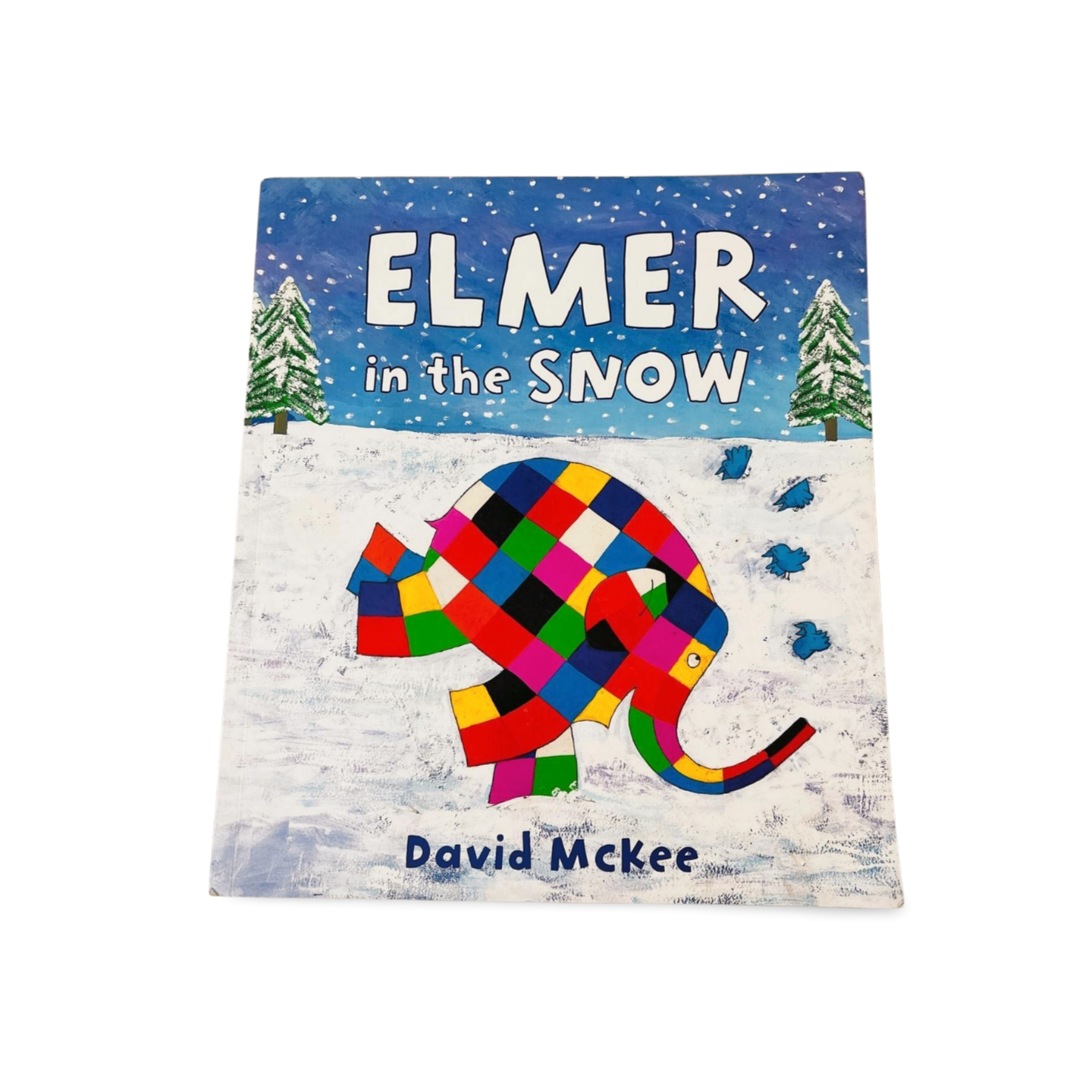 Book cover of 'Elmer in the Snow' with a colorful elephant and snowy landscape.
